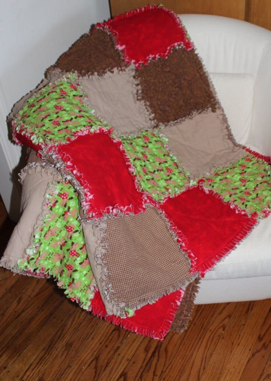 Handmade Ragtime Flannel Sofa Quilt, Christmas Moose Rag Throw Blanket Covering